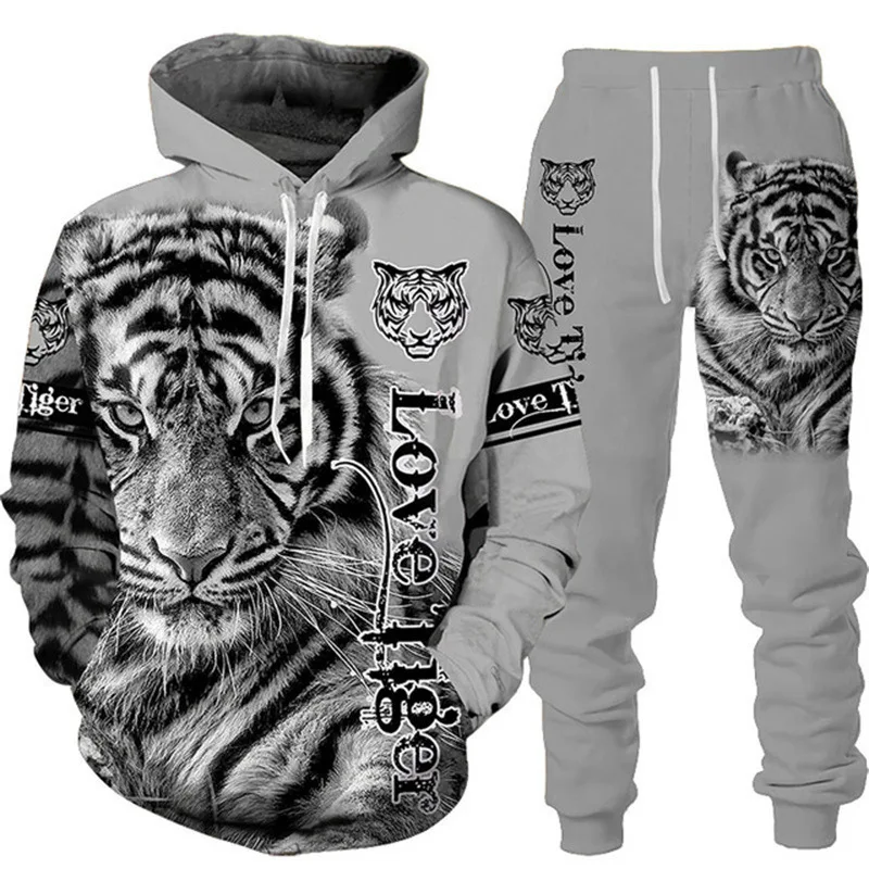 2022 Cross border New Tiger 3D Printed Hooded Sweater Set Spring and Autumn European and American Men's Sweater