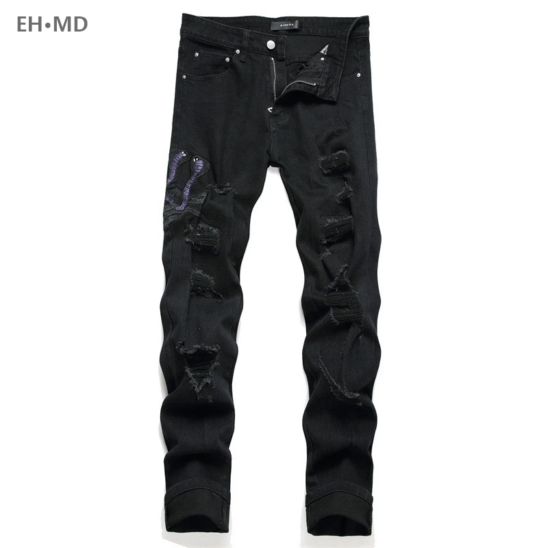 Worn Embroidery Jeans Men Splash Ink Soft 3D Hollow Long Pants Hip Hop Motorcycle Style Repair Tall Street Pure Cotton Red Ear 2