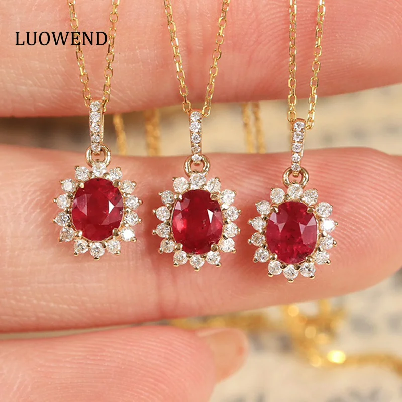 LUOWEND 18K Yellow Gold Pendant Natural Ruby Necklace Shiny Diamond Wedding Jewelry for Women Engagement Party