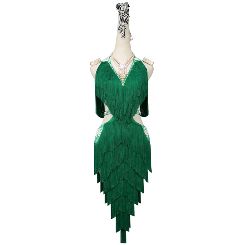 

Женское платье для соревнований, зеленое платье для латиноамериканских танцев, платье для танго, румбы, Фламенго, юбка для бальных танцев, костюм для женщин