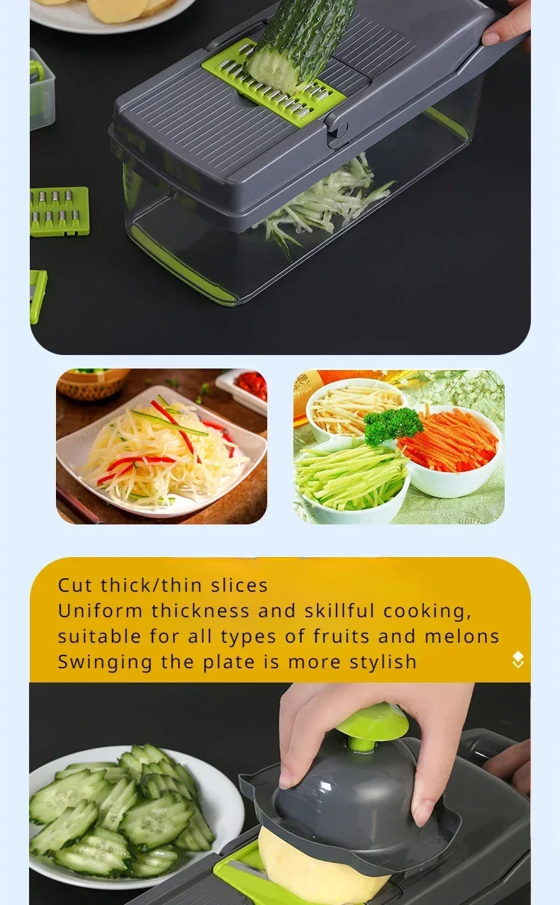 1Pc Green Black 14 in 1 Multifunctional Vegetable Slicer Cutter Shredders Slicer with Basket Fruit Potato Chopper Carrot Grater