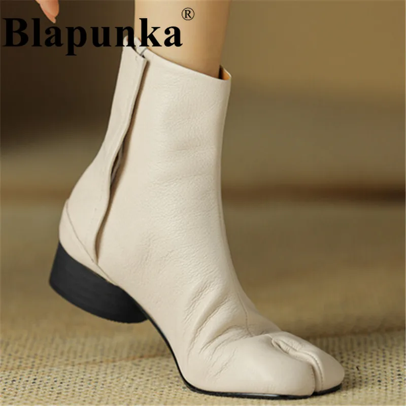 

Blapunka Women Sheepskin Ankle Boots Zipper Japan Style Slit-toe Medium Block Heels Short Boot Woman Autumn Winter Booties Shoes