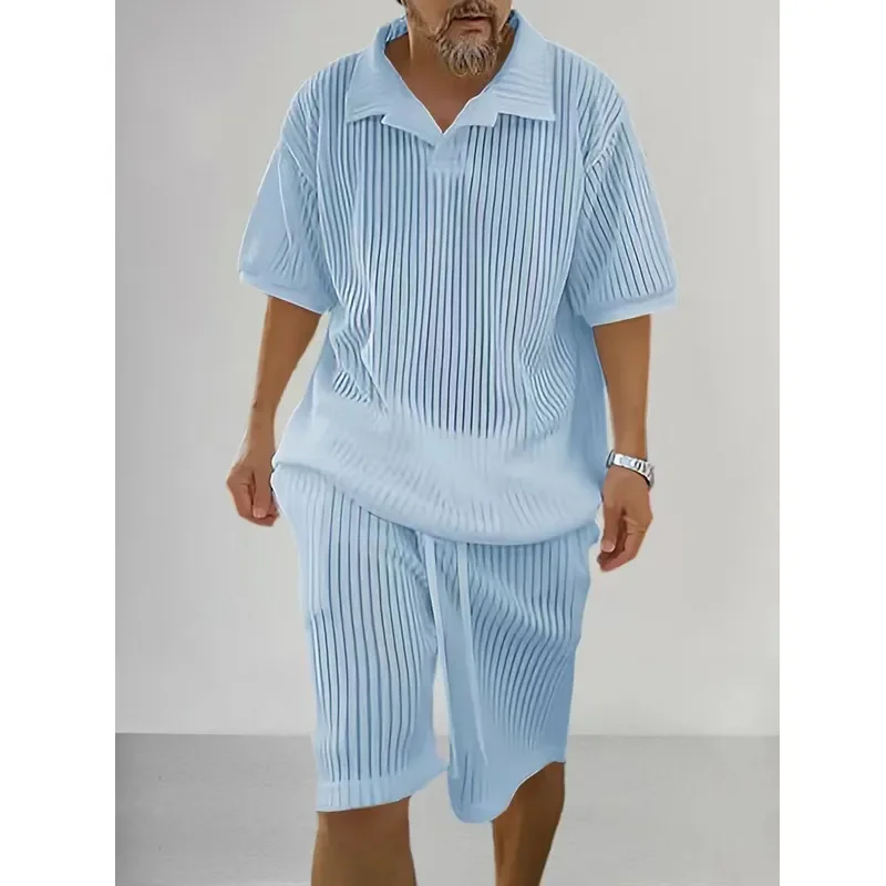 

Spring Summer Fashion Knitted Short Sleeve Tops And Shorts Male Two Piece Set Streetwear Casual Loose Solid Men Vintage Suits