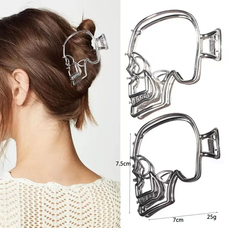 2/3 Stück Halloween ausgehöhlter Totenkopf, Hai-Clip aus Metall, dunkle Pferdeschwanz-Clip, Haarspange im Punk-Stil, Haar-Accessoire