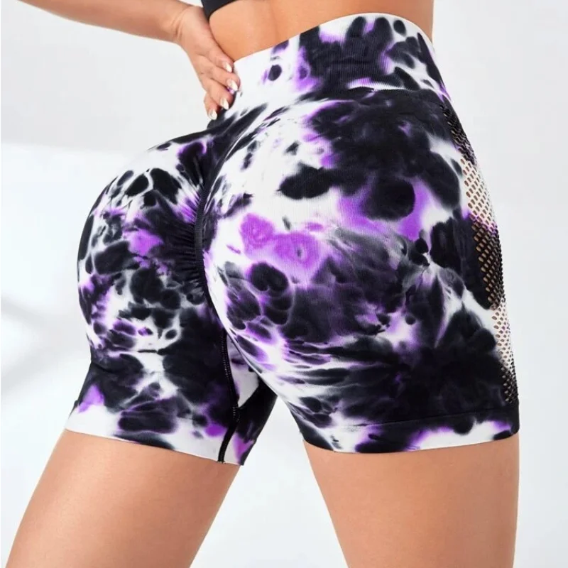 Hollow Out Fitness Shorts Tie Dyed Pants Exercise Peach Buttocks