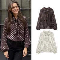 Chemise à manches longues à pois pour femmes, mode printemps automne, chemise à nœud à lacets, chemise élégante pour femme, chemises de rue 1