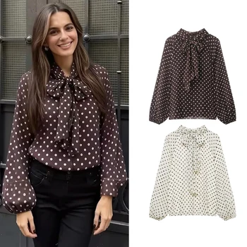 Women's Dots Printed Blouse Shirt Spring Autumn Fashion Long Sleeve Bow Lace-Up Blouse Shirt Lady Elegant High Street Blouses 1