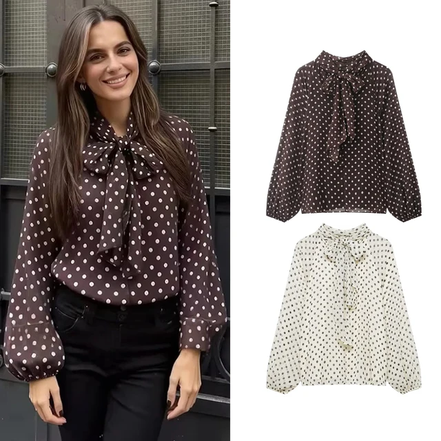 Chemise à manches longues à pois pour femmes, mode printemps automne, chemise à nœud à lacets, chemise élégante pour femme, chemises de rue 1