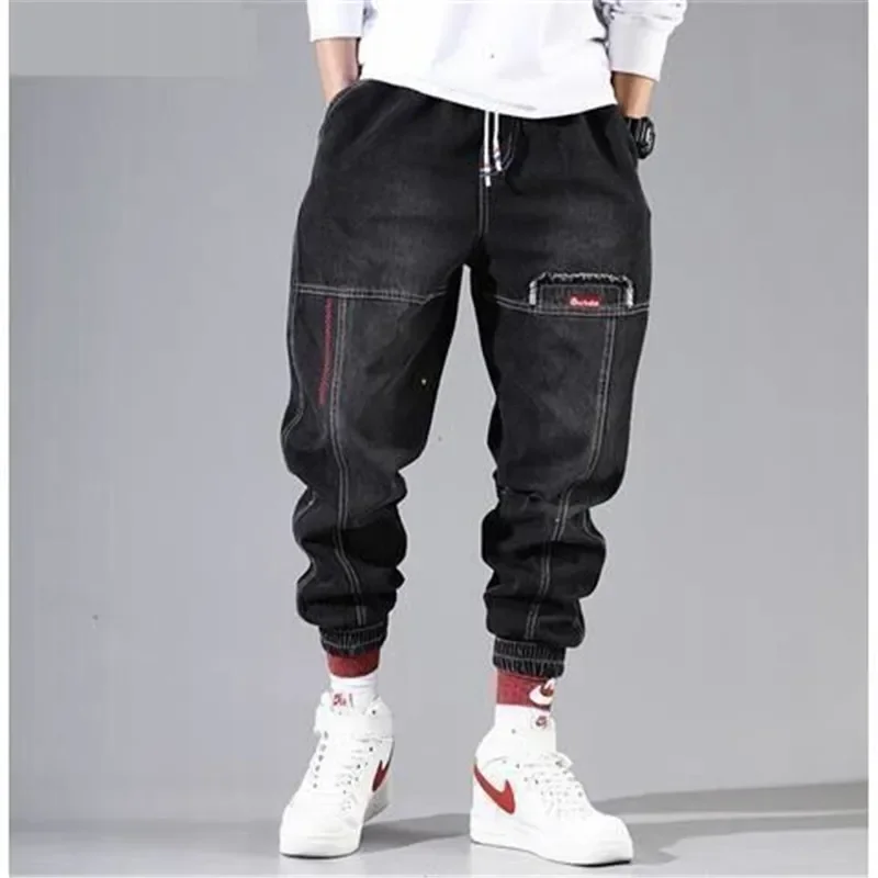 한국 패션 남성 스포츠 조깅 - 플러스 사이즈 발목 줄무늬 데님 카고 바지 남성용 스트리트 힙합 카고 바지 블랙 블루