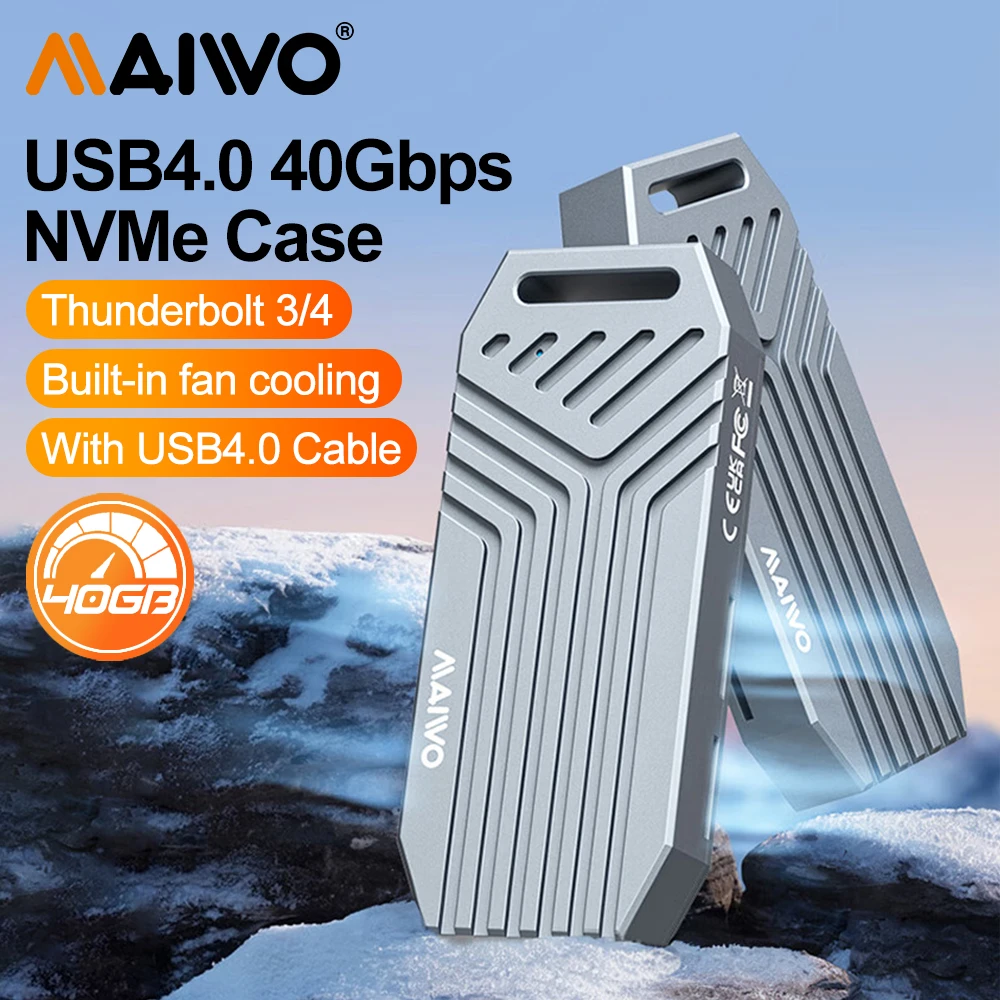 Maiwo-gabinete Ssd Nvme m2 a Tipo-c 4.0 Capa de Disco Rígido com Ventoinha Alumínio Compatível com Thunderbolt Usb M.2 40gbps