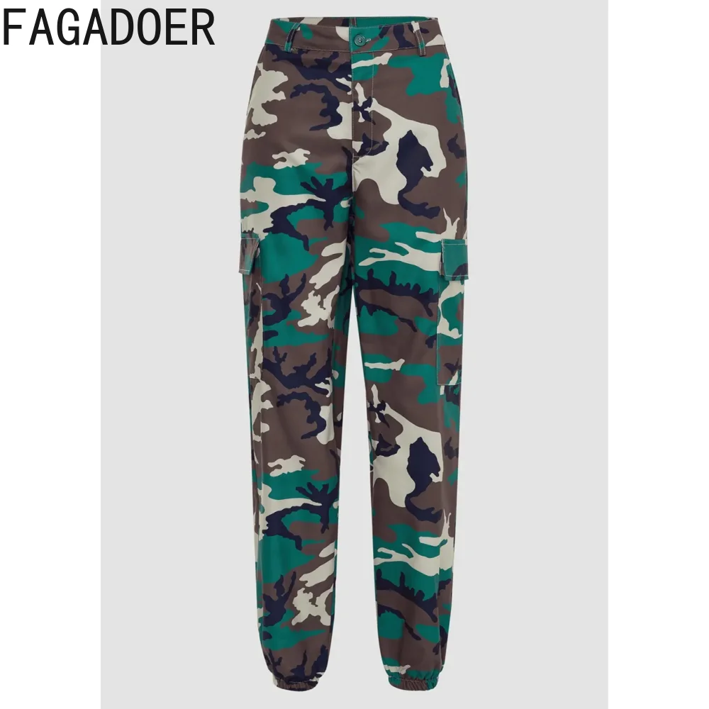 FAGADOER Casual Camouflage Printing Sporty Pants Women High Waisted Loose Trousers Green Casual Female Button Matching Clothing