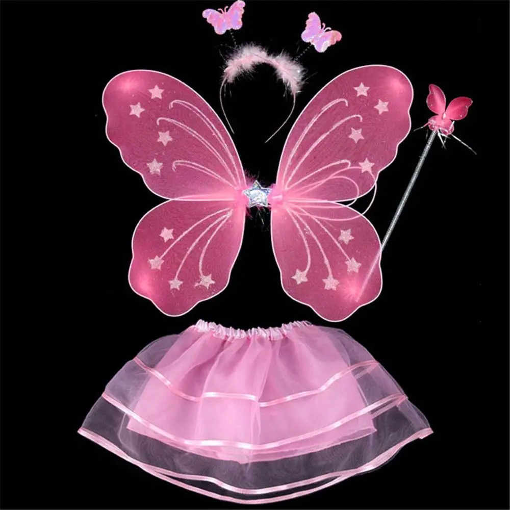4Pcs Anime Cosplay Props Princess Dress Anime Cosplay Wings Kids Girls Fairy Princess Costume Sets Stage Wear Butterfly Wings Wand Headband Tutu Skirts