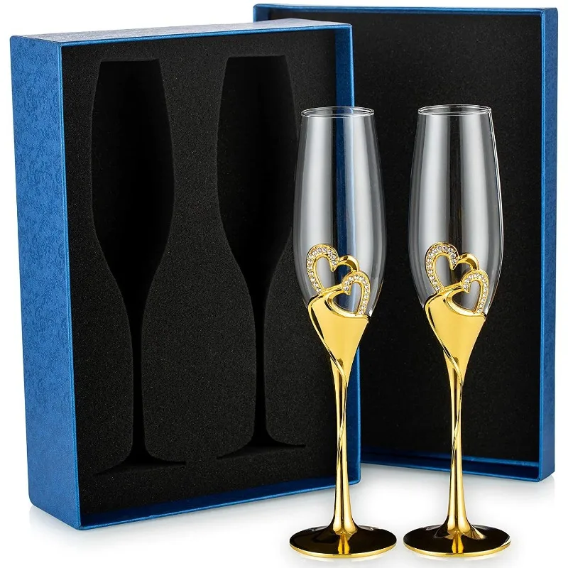2PCs Crystal Goblet Wedding Couple Cups Goblet Sparkling Wine Glass Simple Heart-Shaped Champagne Glass