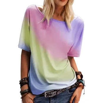 Summer Lady CLothes Crew Neck Short Sleeve Gradient Tie Dye Print T Shirt Women's Outfits Casual Streetwear Daily Wear Gradient 1