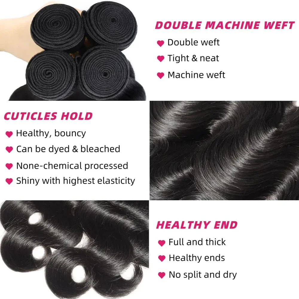 Human Hair Brazilian Weave Body Wave 40 Inch Virgin 3 4 Bundles Raw Extensions Loose Water Natural Black Tissage Crochet Burmese - 4