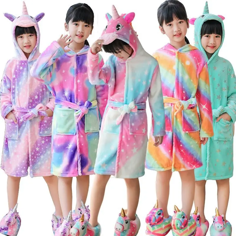 Autumn Winter Kids Sleepwear Kigurumi Unicorn Robe Flannel Warm Bathrobe For Girls 4-12 Years Teenagers Children Pajamas For Boy
