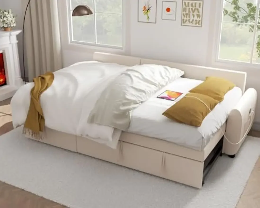 Description Picture 4 of itemSectional Sofa 87" Sleeper Sofa Bed with Reversible Storage Pull Out Couch for Living Room Side Pocket Linen Fabric Beige