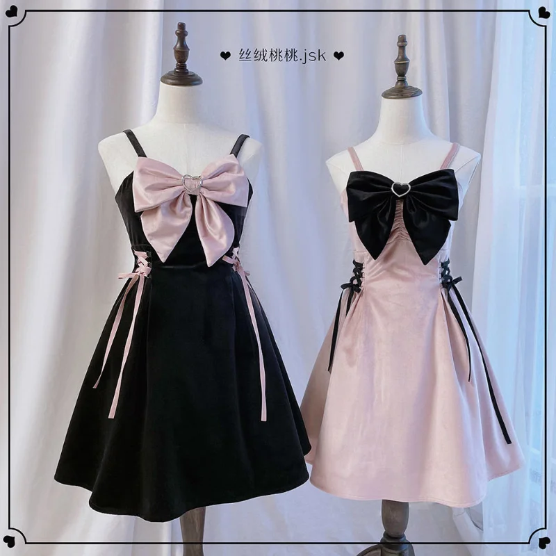 

Женское платье Лолита без рукавов, розовое Бандажное платье-комбинация с бантом, сексуальный черный готический наряд для косплея, Y2k, 2022