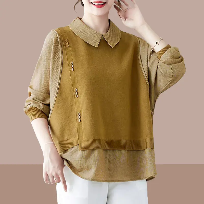 Fashion Lapel Spliced Fake Two Piece Blouse Women's Clothing 2023 Spring New Oversized Casual Pullovers All-match Commute Shirt