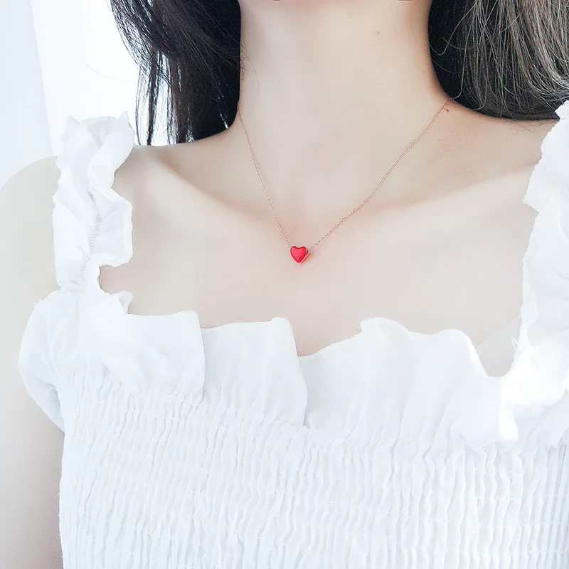 S925 sterling Silver Red Heart Necklace for Women's Jewelry