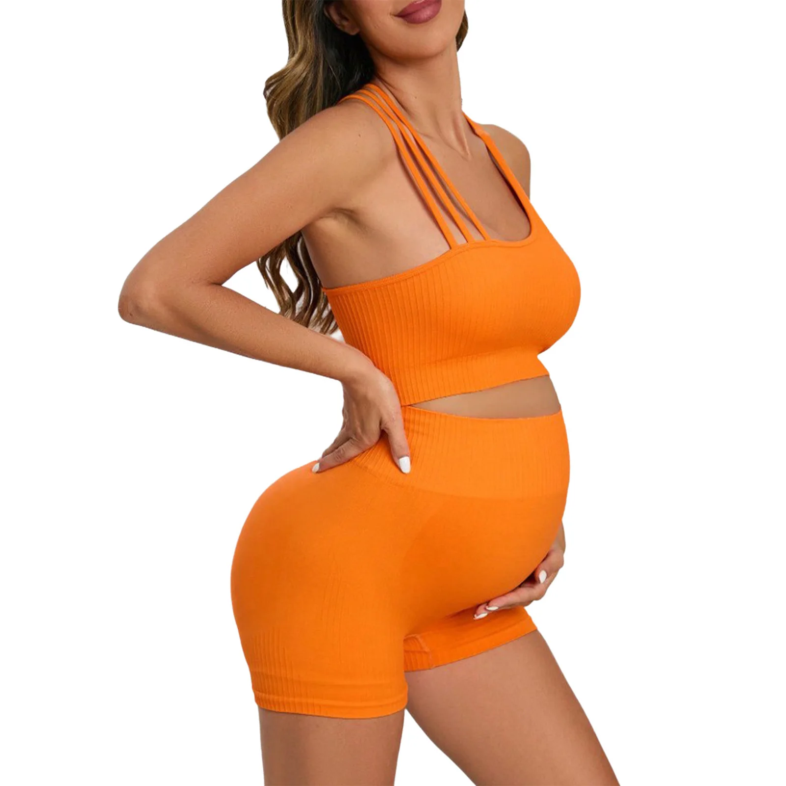 여성용 임산부 요가복 민소매 크로스 스트랩 백 크롭탑과 배를 덮는 반바지 세트, 헬스 운동복