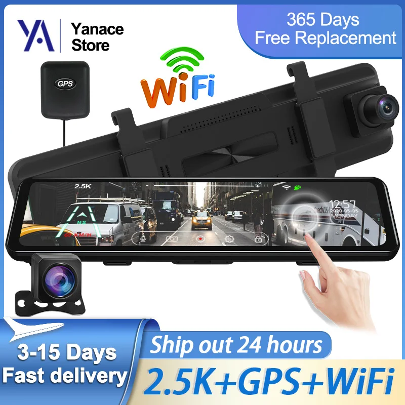 

Yanace 2K Car Dvr Mirror 12 Inch Stream Media Dash Cam GPS Night Vision Auto Redord Dashcam Dual Lens 1080P Car Video Recorder
