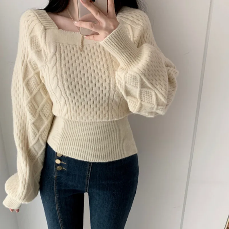 New Women's Lantern Sleeve Knitted Long Sleeve Sweater Fashion Square Neck Casual Loose Women's Solid Color Sweater