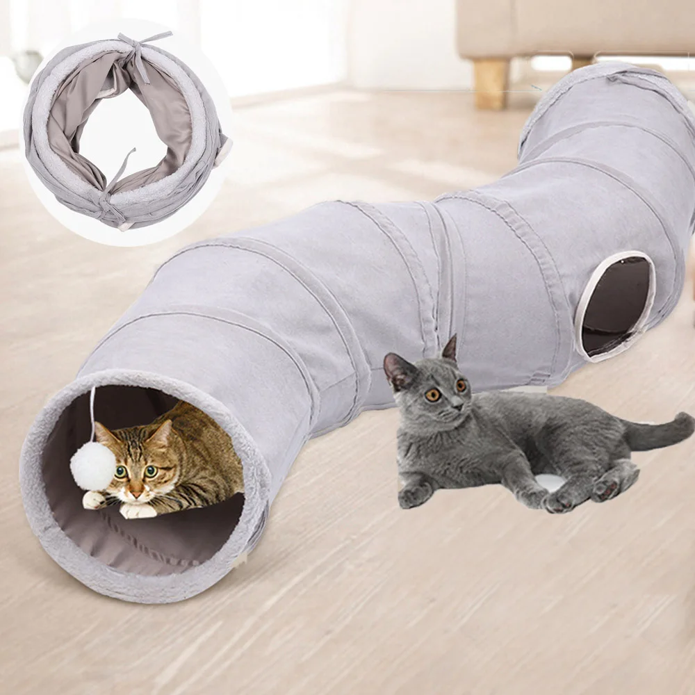 Cat Tunnel for Indoor Cats Collapsible Cat Toys Play Tube 3 Ways S Shape Cat Tunnel Grey Suede Pet Crinkle Tunnels with Ball