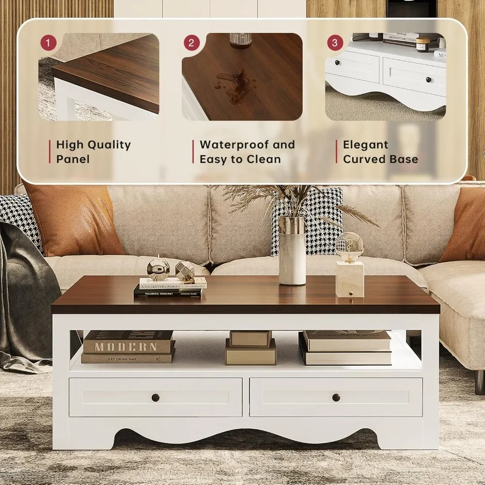 Farmhouse Coffee Table with Storage, 47.6" Coffee Tables with 4 Large Drawers, Spacious Tables, Top Center Table for Living Room 4
