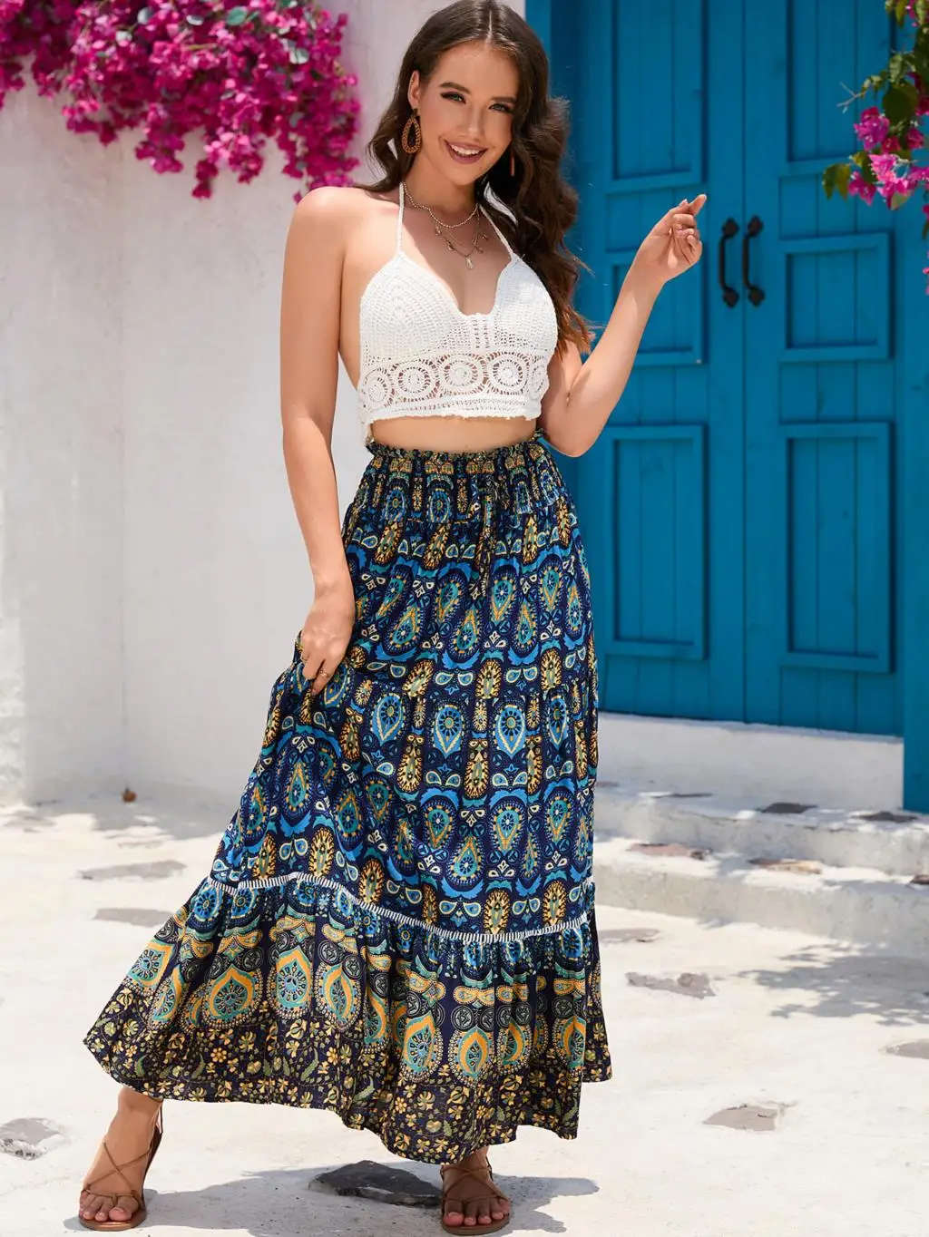 Spring Summer Long Skirts For Women Elegant Casual Retro Print High Waist Skirt Fashion Temperament Female Clothing Streetwear