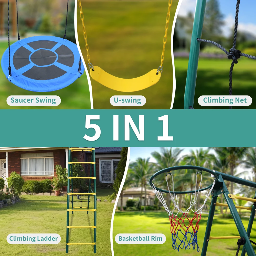Swing Set for Kids Outdoor Backyard Playground Swing Set with Ladder and Basketball Hoop 3