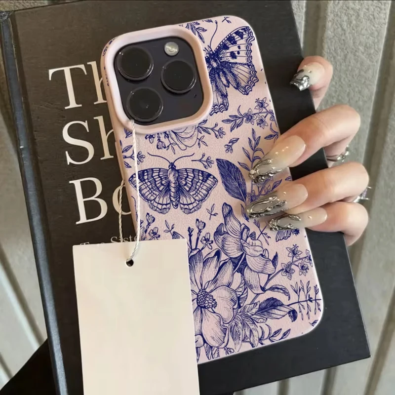 Blue Retro Floral Bird Pattern Soft Phone Case with Lychee Texture