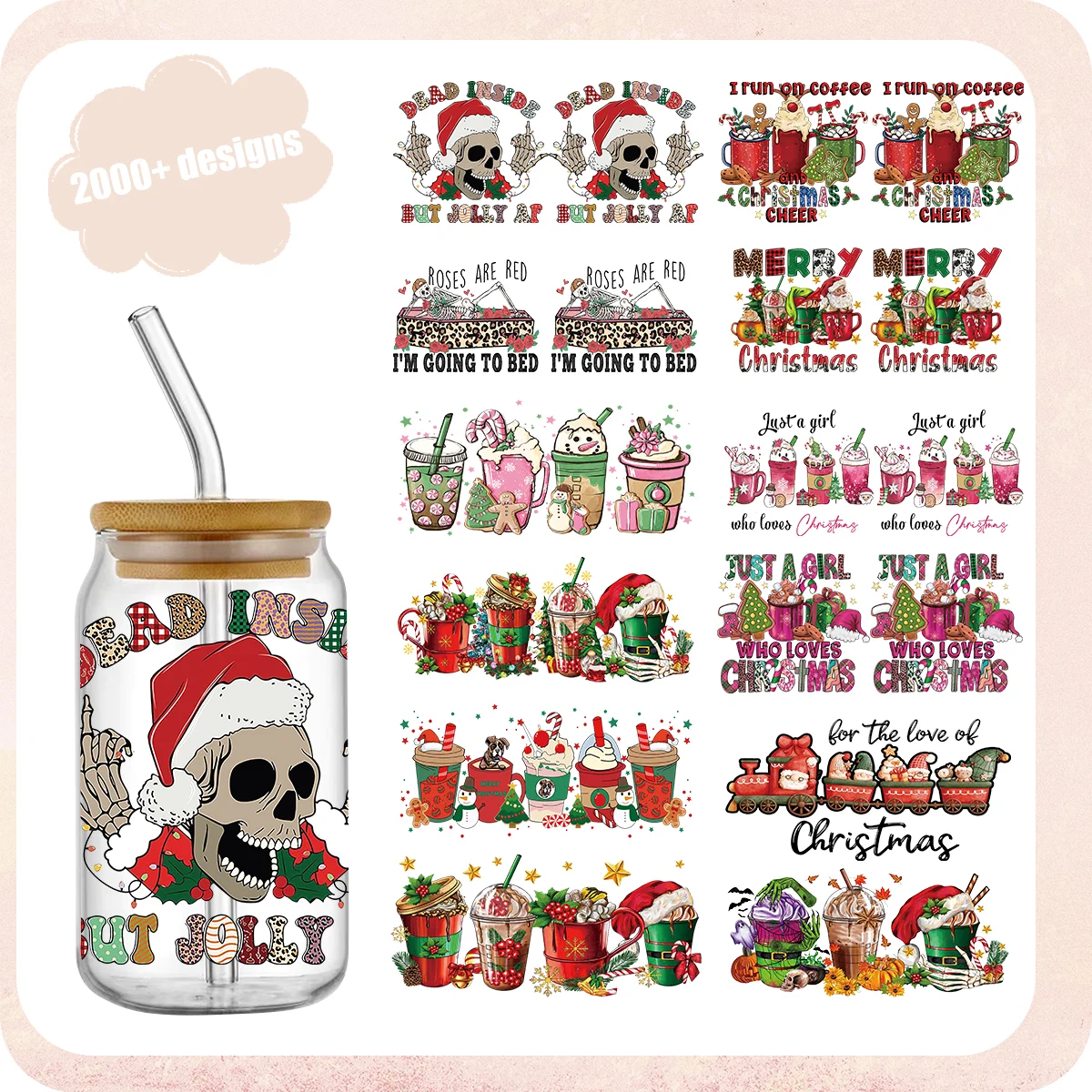 Christmas Themed UV DTF Transfer Sticker For The 16oz Libbey Glasses Wraps Bottles Cup Sticker DIY Waterproof