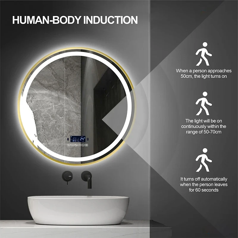 Gold Border Round LED Smart Bathroom Mirror With Bluetooth Body Induction Defogging 3 Color Light Multifunctional Makeup mirrors