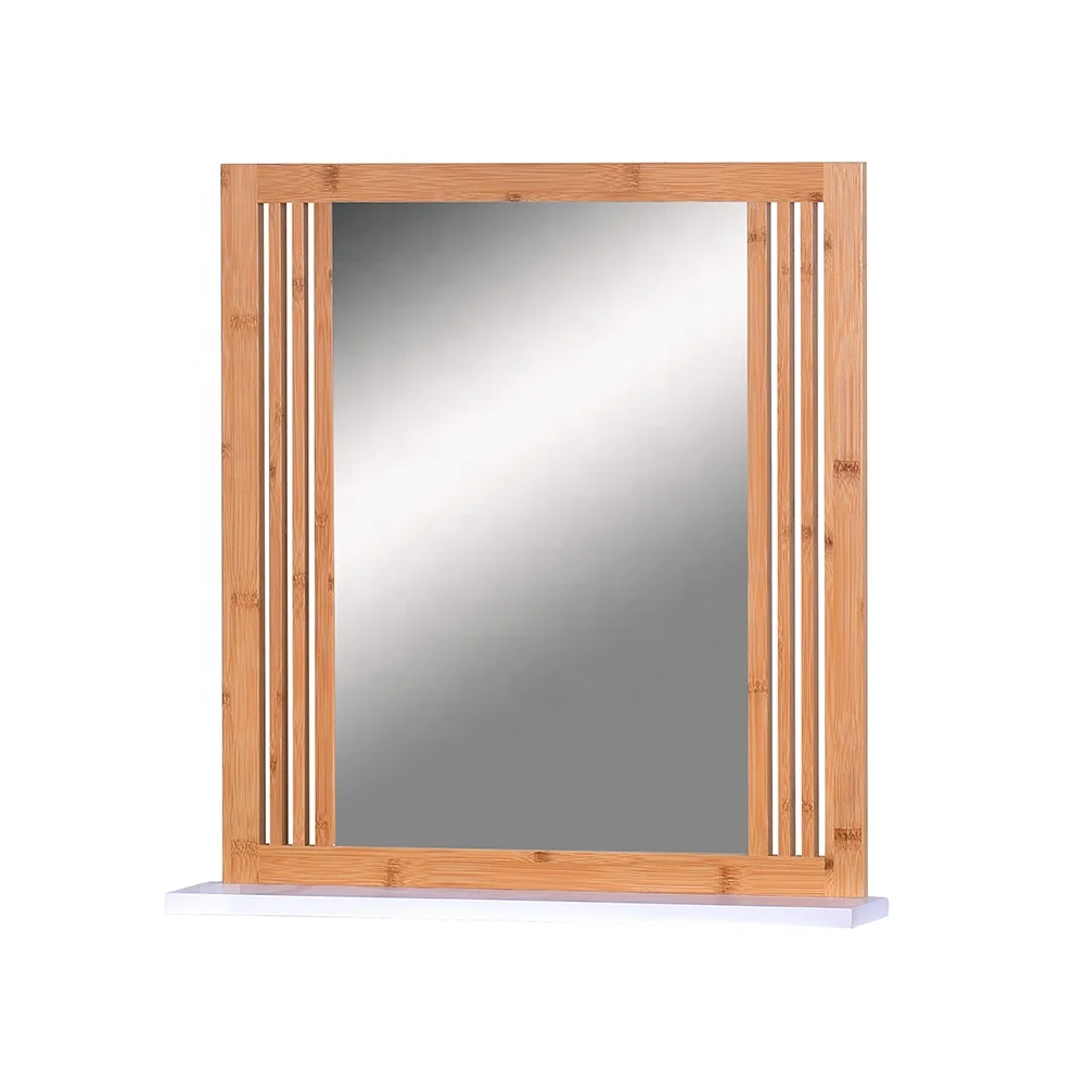 Bamboo Natural Contemporary Home Hotel Glass Bathroom Wall Cheap Bamboo Frame Mirror Cabinet with Shelf