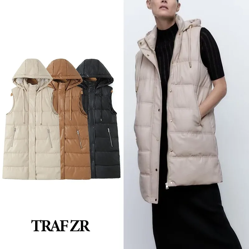 

TRAF ZR Winter Long Warm Hooded Sleeveless Vests for Women Vintage New in Outerwears Old Money Style Zipper Leather Waistcoat