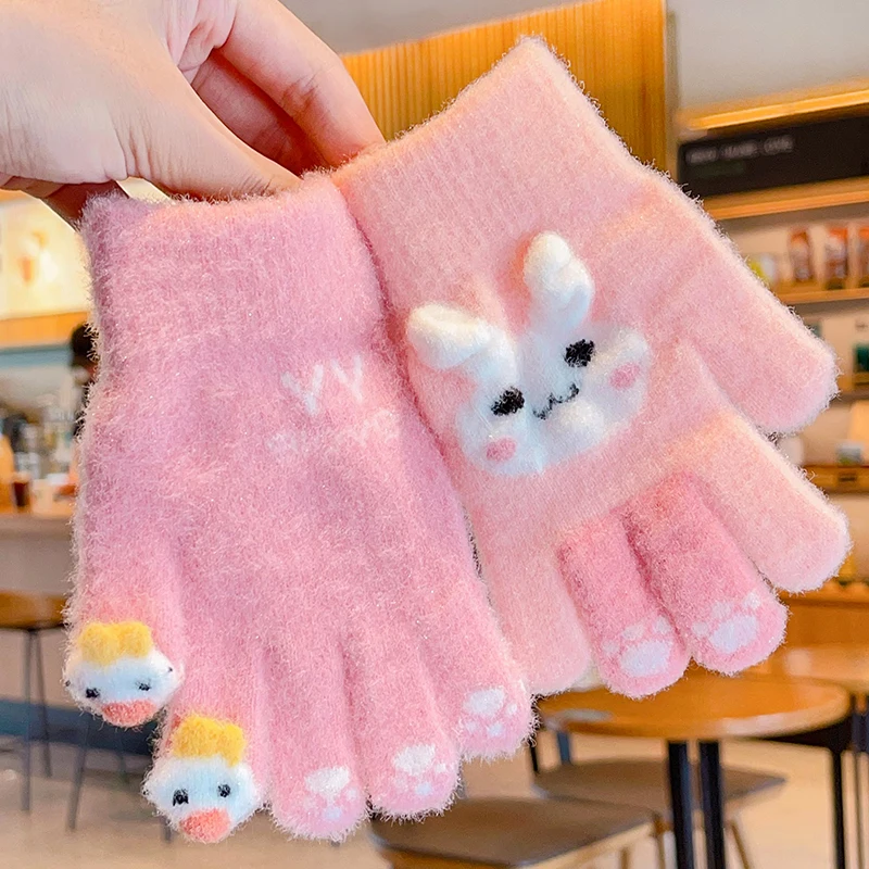New Children Colors Winter Cute Rabbit Knitting Soft Five Finger Gloves Boys Girls Outdoor Warm Gloves Kids Glove Mittens