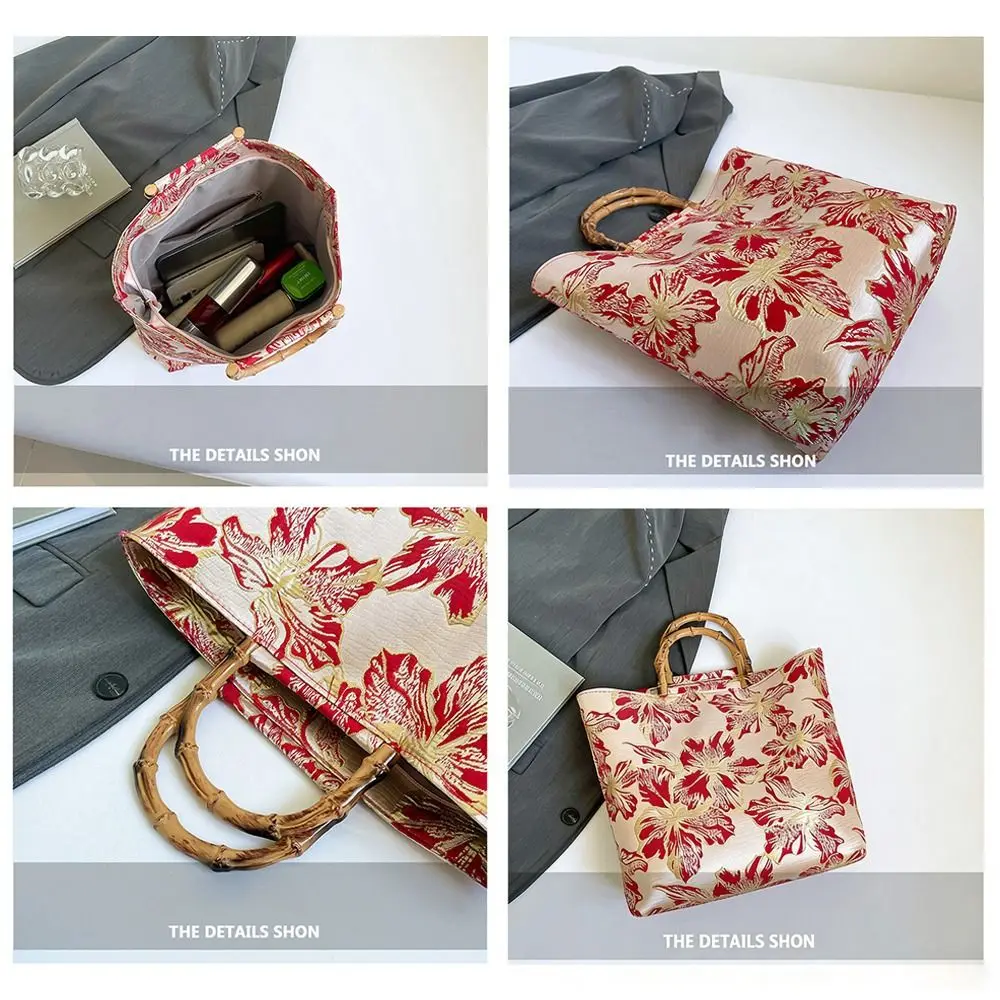 Bamboo Joint Canvas Tote Bag Zipper Closure Large Capacity Jacquard Handbag Embroidered Design Flower Pattern Evening Bag
