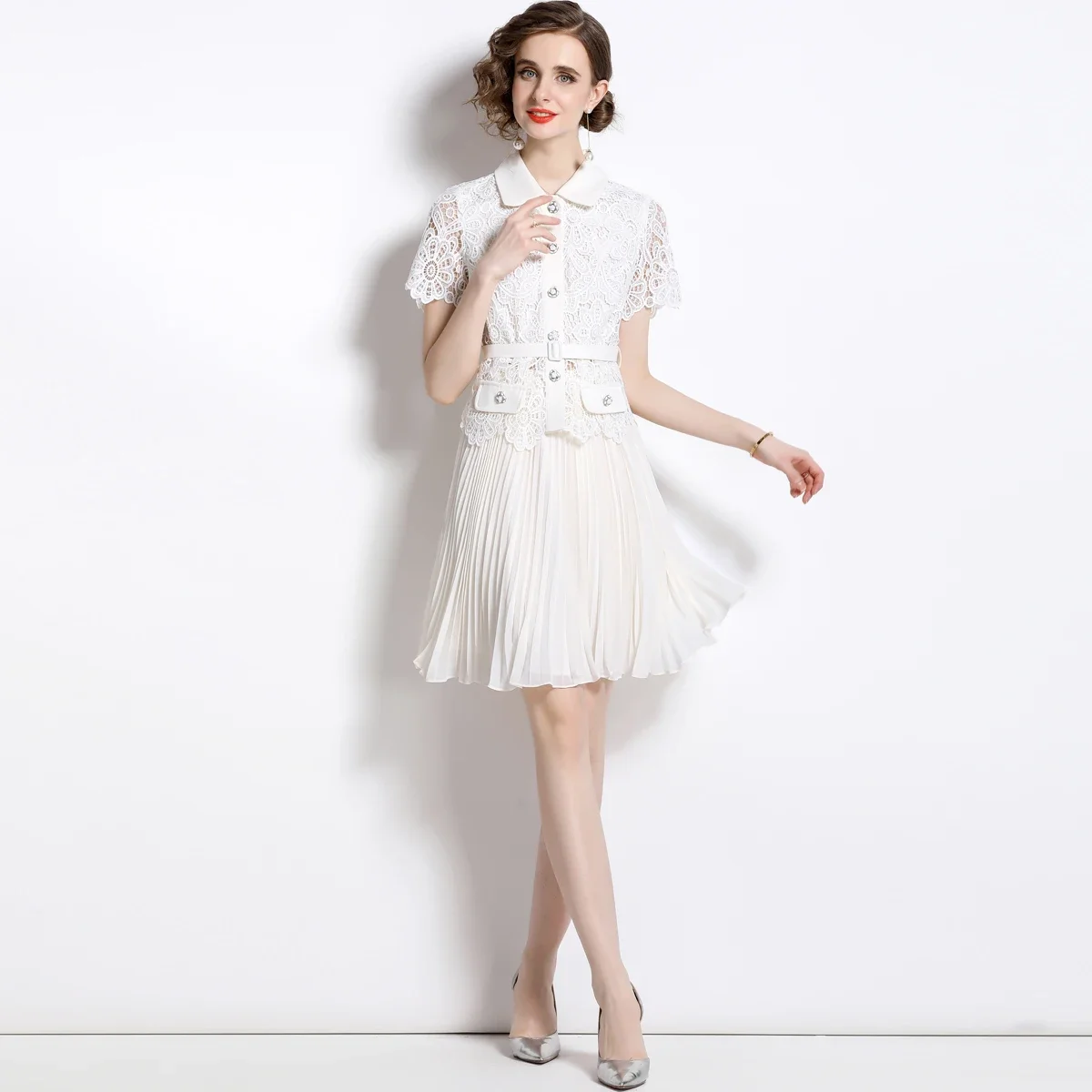 

Summer New Office Lady French Style Lace Short Sleeve Top Pleated Skirt White Dresses Birthday Dress for Women
