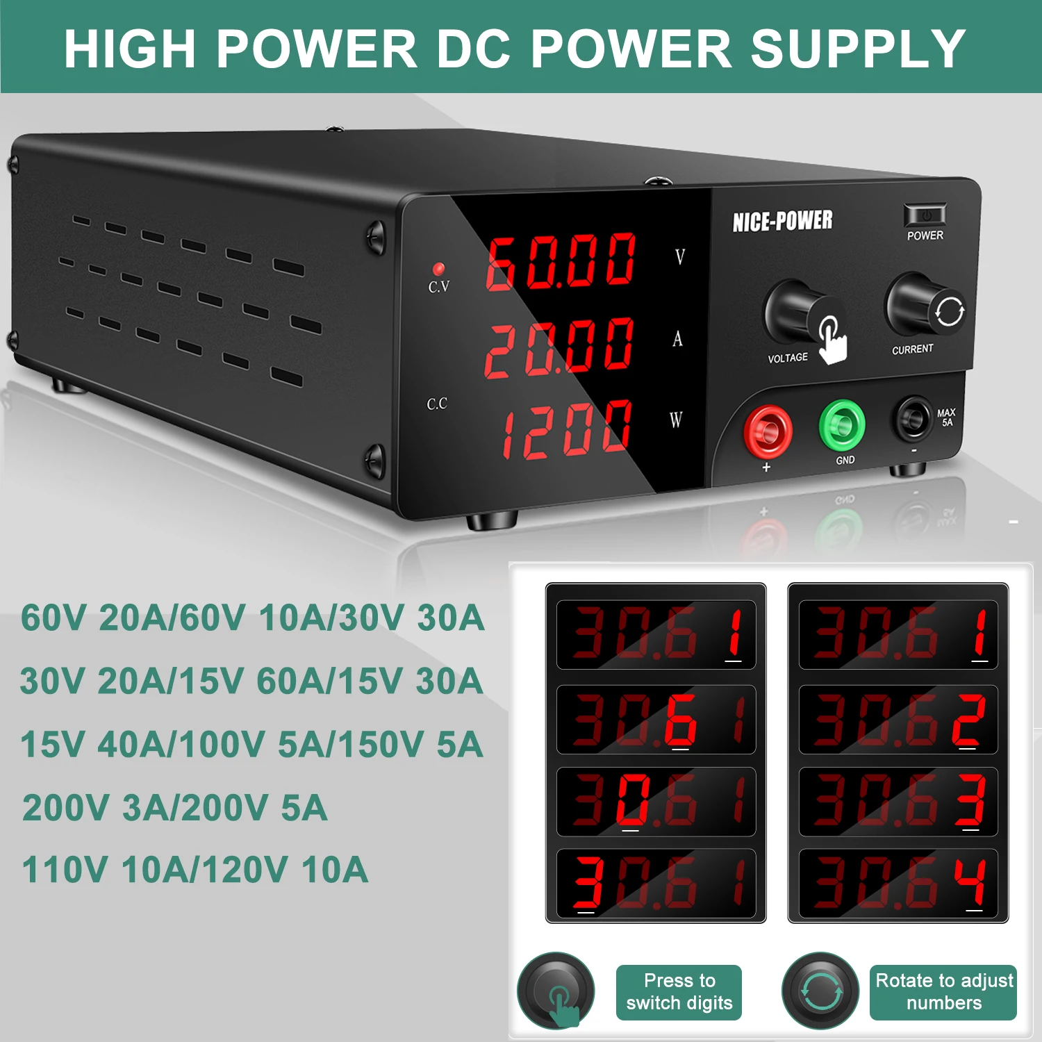 

DC Power Supply Variable 60V 20A 1200W High Power Bench Source Digital Adjustable Switching Regulated Power Supply 30V 30A 900W