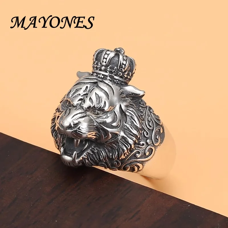 

S925 Sterling Silver Crown Lion Men's Ring Ethnic Style Dominant Punk Style Ring Hip Hop Fashion Index Finger Ring
