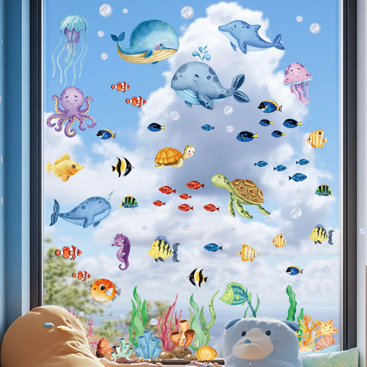 Ocean Window Stickers Under The Sea Turtle Bathroom Decor Stickers for Kids Baby Boy Girl Bedroom Nursery Living Room Classroom wall stickers toilet stickers