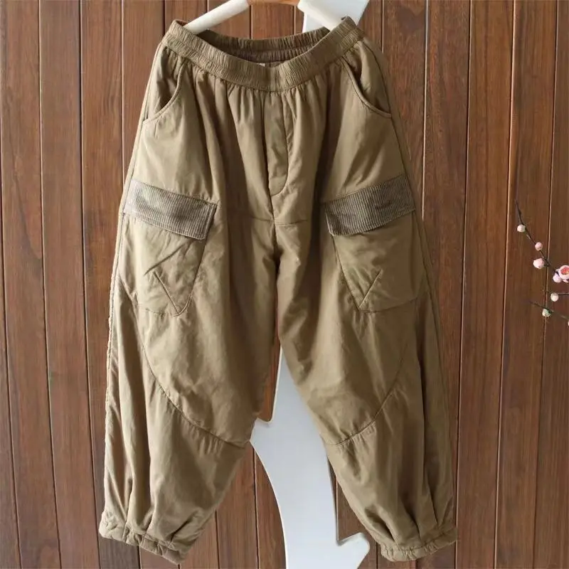 

2022 New Arrival Winter Women Thickening Warmth Patchwork Ankle-length Pants Casual Loose Elastic Waist Harem Pants P418