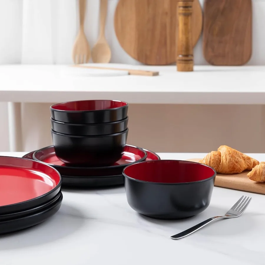 12-piece Dinnerware Sets for 4-Dinner Plates Dessert Plates Cereal Bowls Lightweight Melamine and Bowls Sets RV Kitche