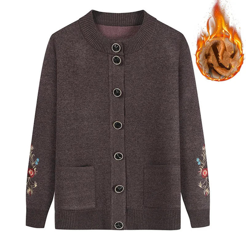 

Plus Velvet Casual Middle Aged Mother Sweater Autumn Winter Cardigan Coat Plush Thickened Women's Long Sleeve Knitwears Tops