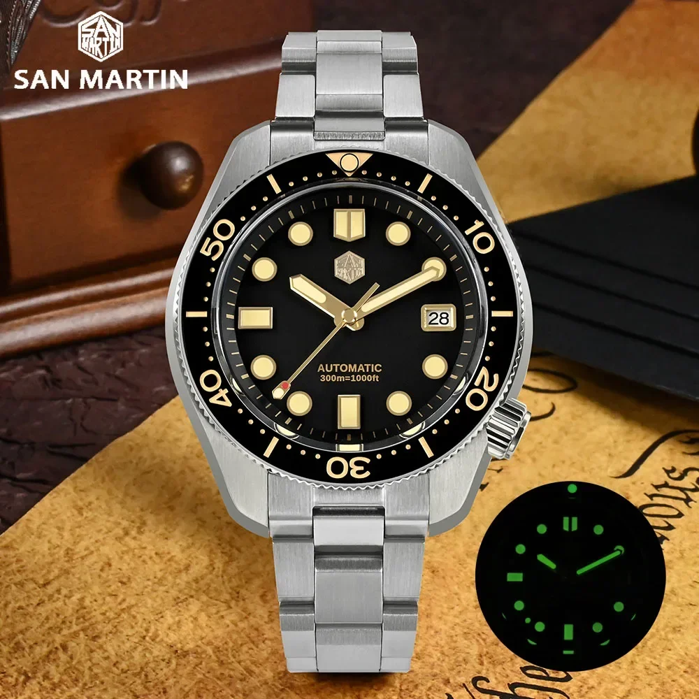 San Martin Sn0087-G 44Mm Orologio Vintage Mm300 Per Uomo Movimento Nh35 Quadrante Dorato Automatico Zaffiro 300M Diving Waterproof C3 Reloj