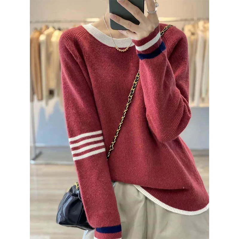 

100% pure wool sweater women's round neck pullover casual colorblock knitted top autumn and winter fashion all-match sweater