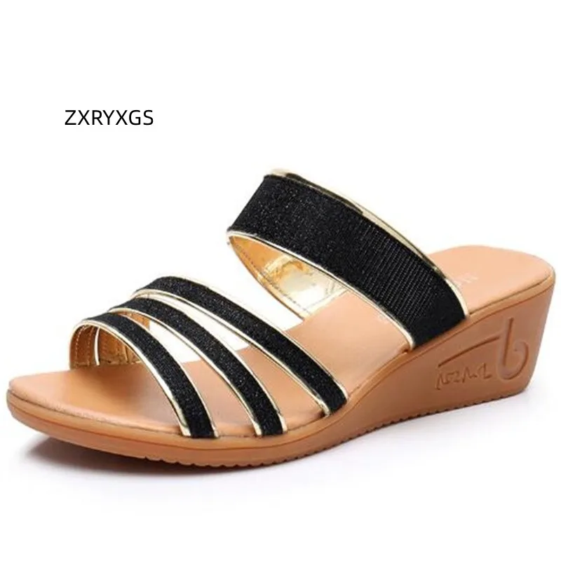 

ZXRYXGS 2023 Superior Microfiber Rhinestones Slippers Wedges Sandals Outdoor Wear Women Sandals Comfort Soft Large Size Slipper