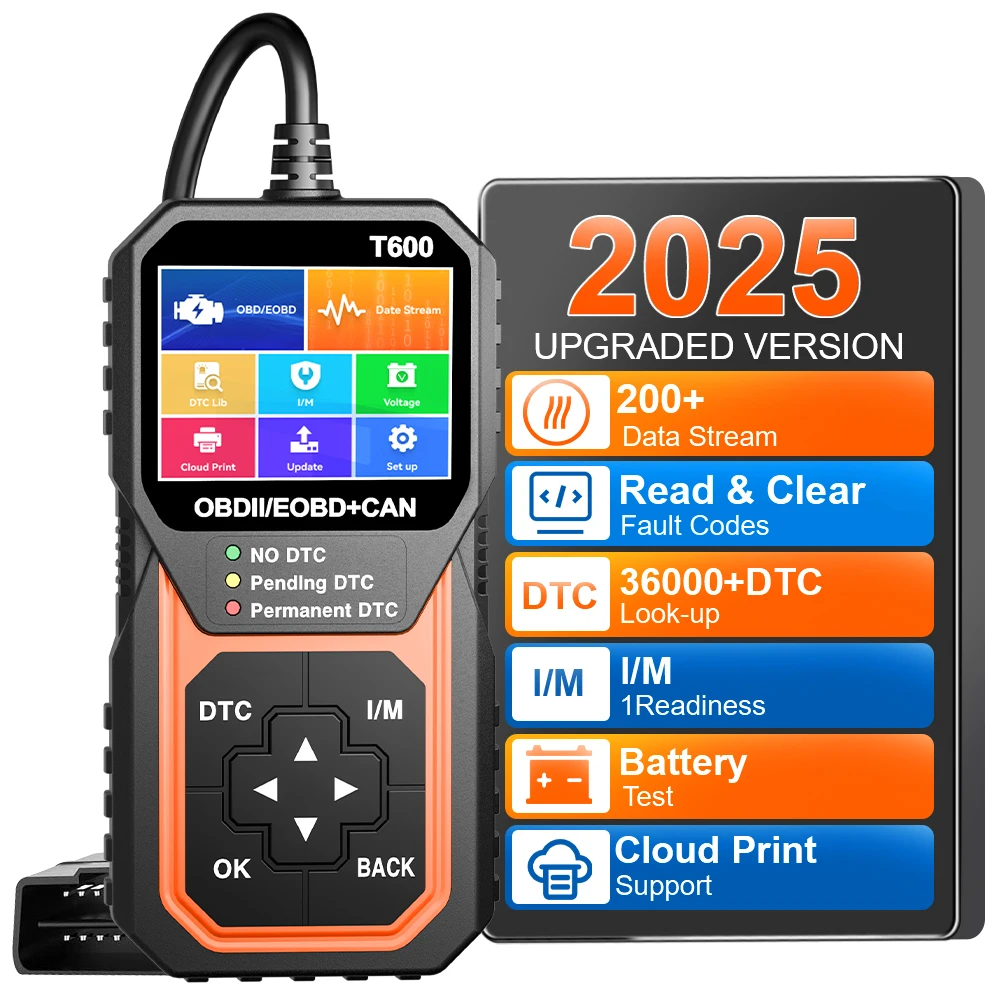 Code Reader Automotive DTC Lookup OBD2 Scanner T600 Professional Car Diagnostic Tool Oxygen Sensor Test Support Cloud Print