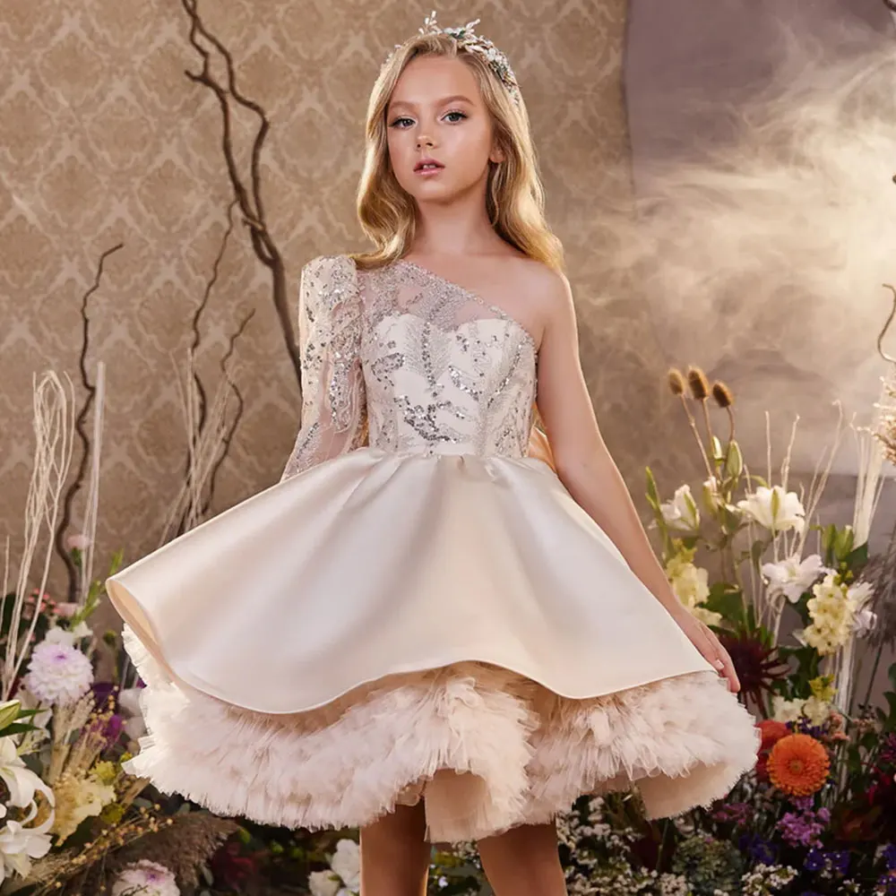 

Jill Wish Luxury Girl Dress Beading One Shoulder Ivory Duabi Baby Kids Wedding Birthday First Communion Party Gowns 2024 J316